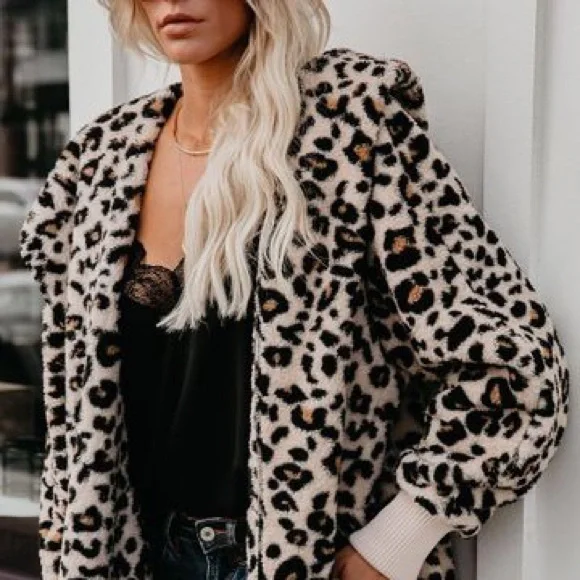 Women Leopard plush hooded jacket coat winter cardigan with pockets - Picture 1 of 6
